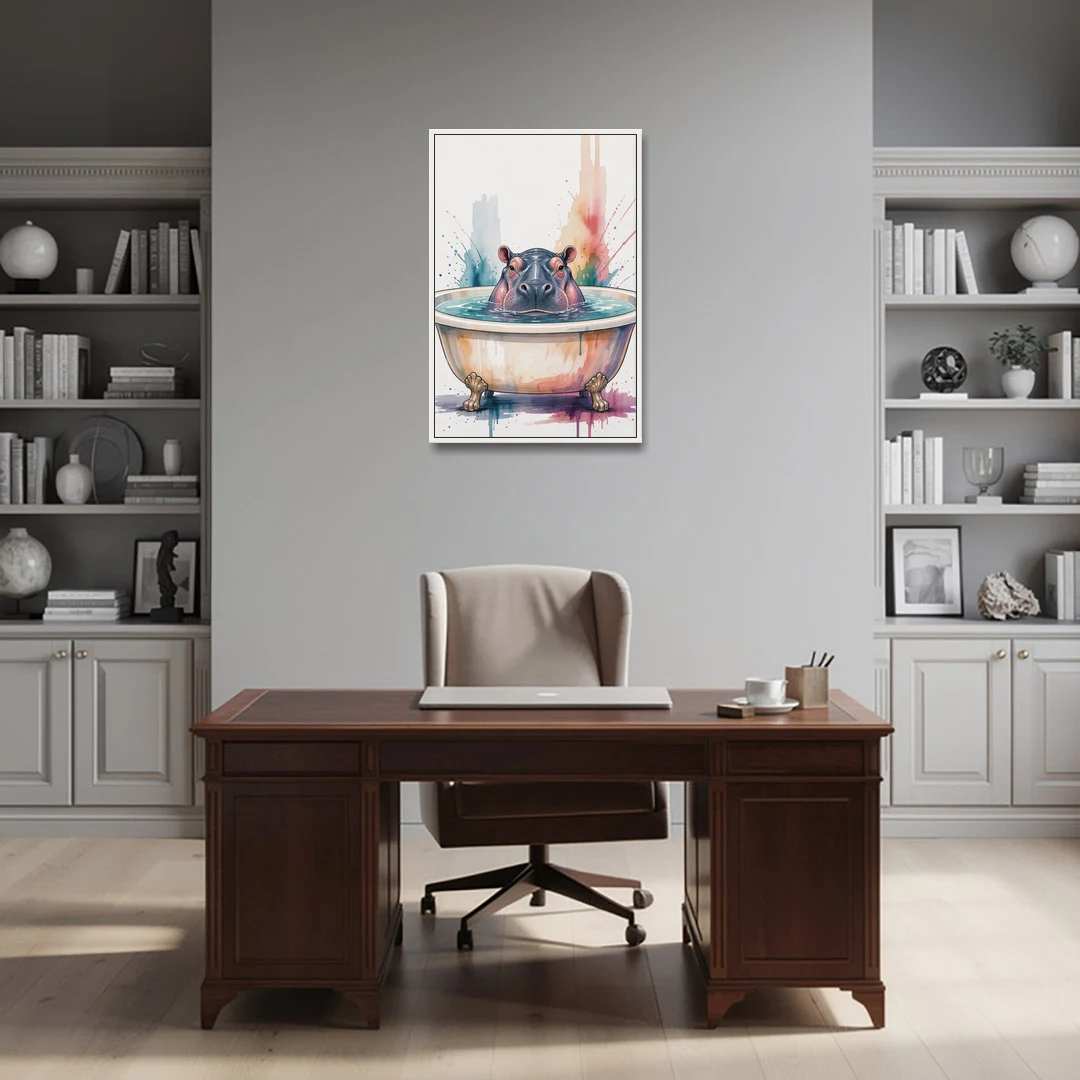 Funny Animal Paintings Hippo Up to Its Nose - White Framed Canvas Wall Art - Office - 24x36