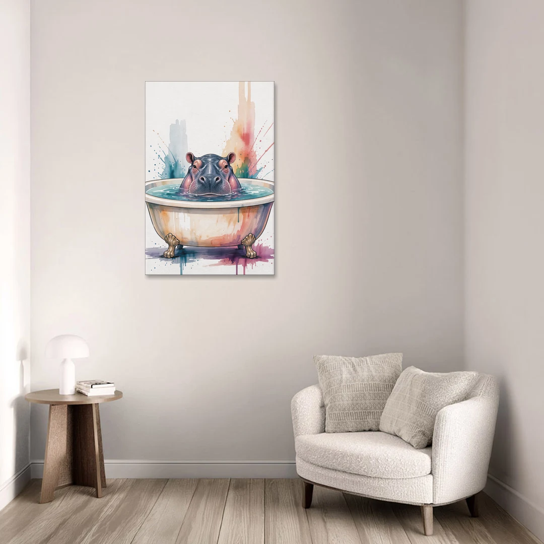 Funny Animal Paintings Hippo Up to Its Nose - Canvas Wall Art - Sofa - 24x36