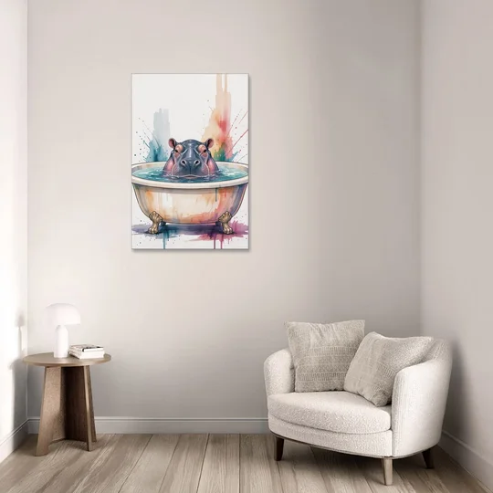 Funny Animal Paintings Hippo Up to Its Nose - Canvas Wall Art - Sofa - 24x36