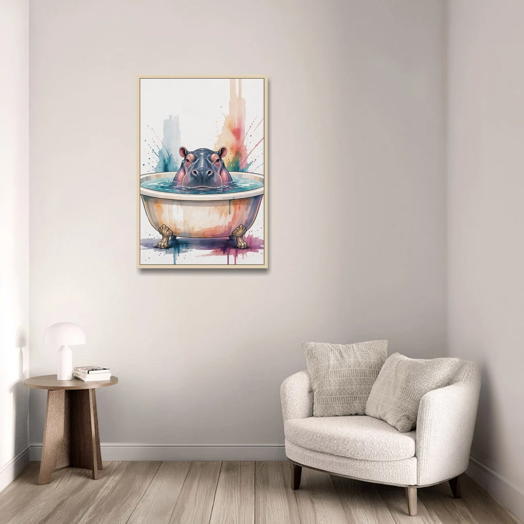 Funny Animal Paintings Hippo Up to Its Nose - Oak Framed Canvas Wall Art - Sofa - 24x36