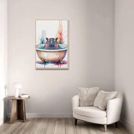 Funny Animal Paintings Hippo Up to Its Nose - Oak Framed Canvas Wall Art - Sofa - 24x36