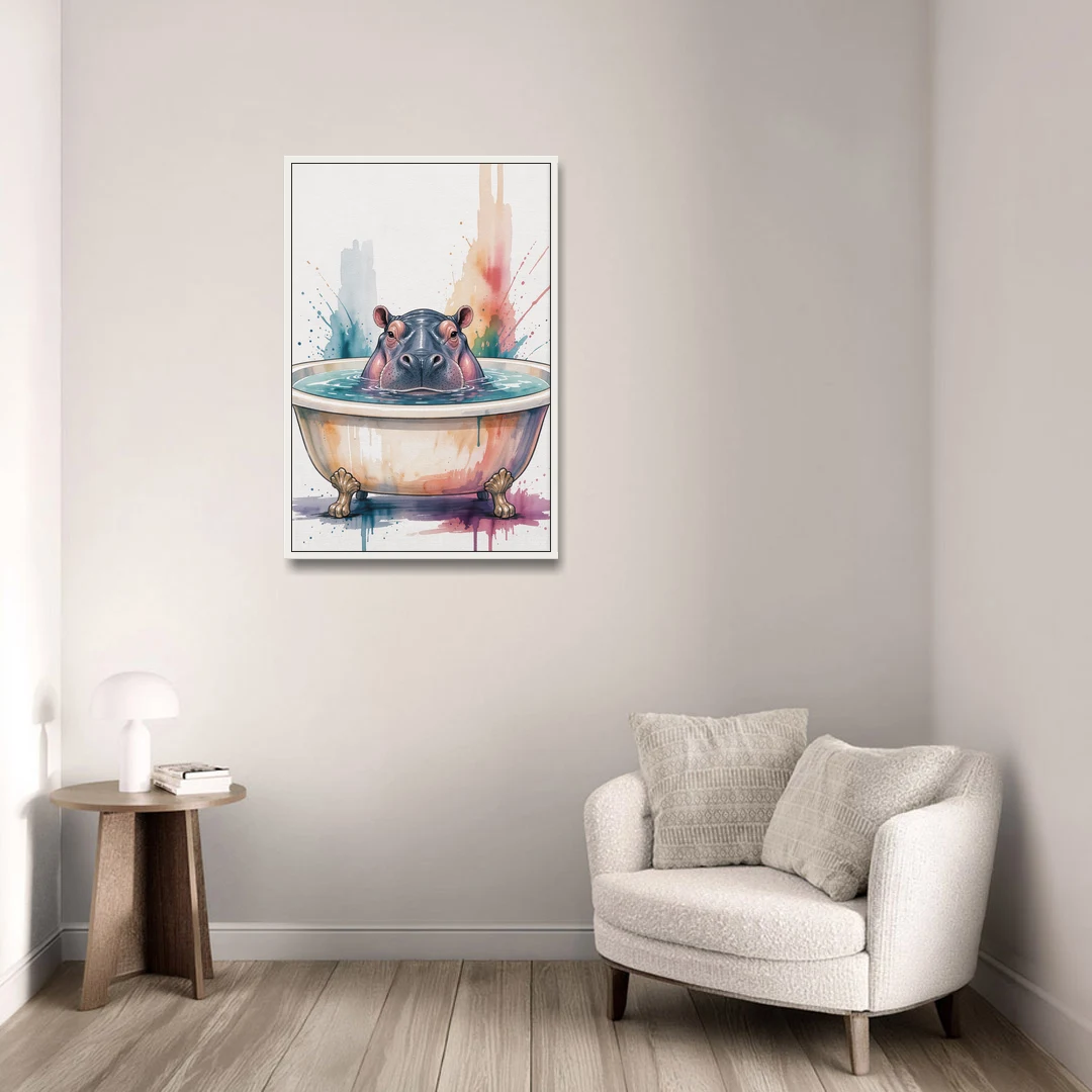 Funny Animal Paintings Hippo Up to Its Nose - White Framed Canvas Wall Art - Sofa - 24x36
