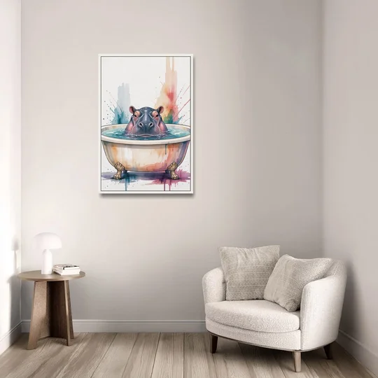 Funny Animal Paintings Hippo Up to Its Nose - White Framed Canvas Wall Art - Sofa - 24x36