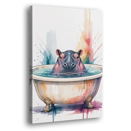 Funny Animal Paintings Hippo Up to Its Nose - Canvas Wall Art - Side