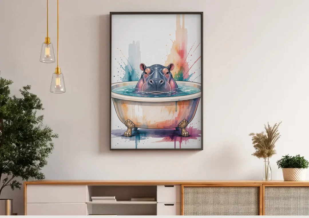 Funny Animal Paintings Hippo Up to Its Nose canvas wall art above a wooden sideboard under pendant lights