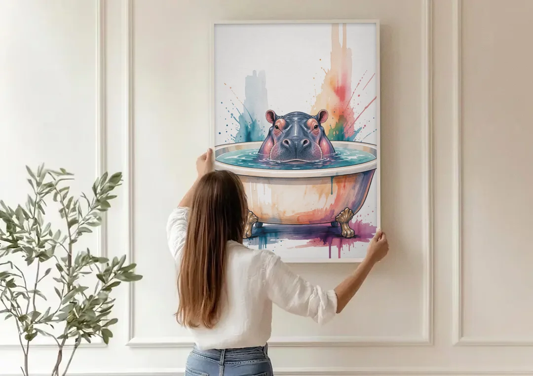 Funny Animal Paintings Hippo Up to Its Nose canvas wall art being hung on a paneled wall