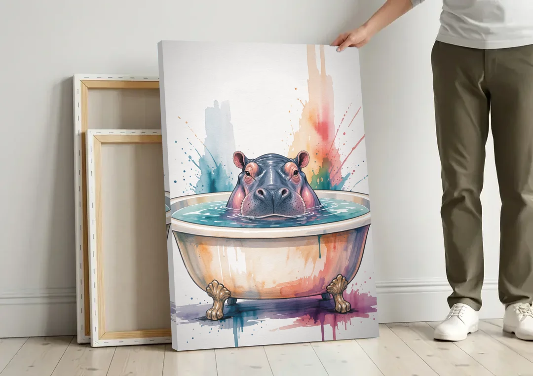 Funny Animal Paintings Hippo Up to Its Nose canvas wall art leaning against a wall next to blank canvases