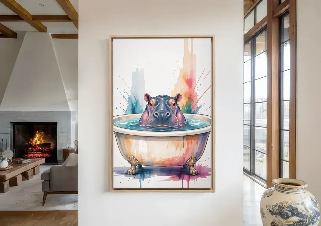 Funny Animal Paintings Hippo Up to Its Nose canvas wall art in a living room with a fireplace