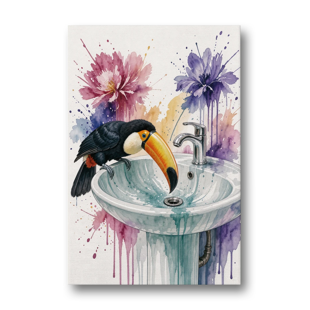 Funny Animal Wall Art Toucan Peers Down the Drain - Canvas Wall Art - Front