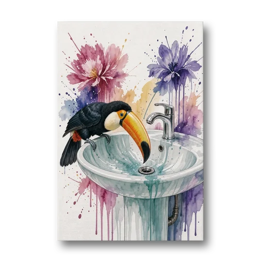 Funny Animal Wall Art Toucan Peers Down the Drain - Canvas Wall Art - Front