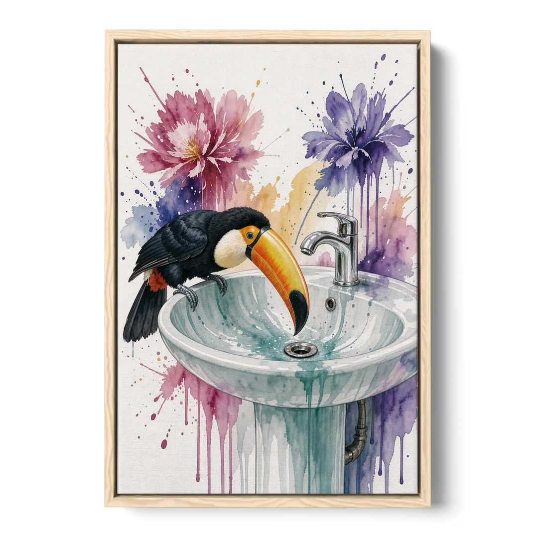 Funny Animal Wall Art Toucan Peers Down the Drain - Oak Framed Canvas Wall Art - Front