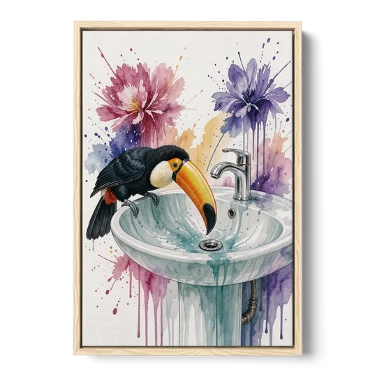 Funny Animal Wall Art Toucan Peers Down the Drain - Oak Framed Canvas Wall Art - Front