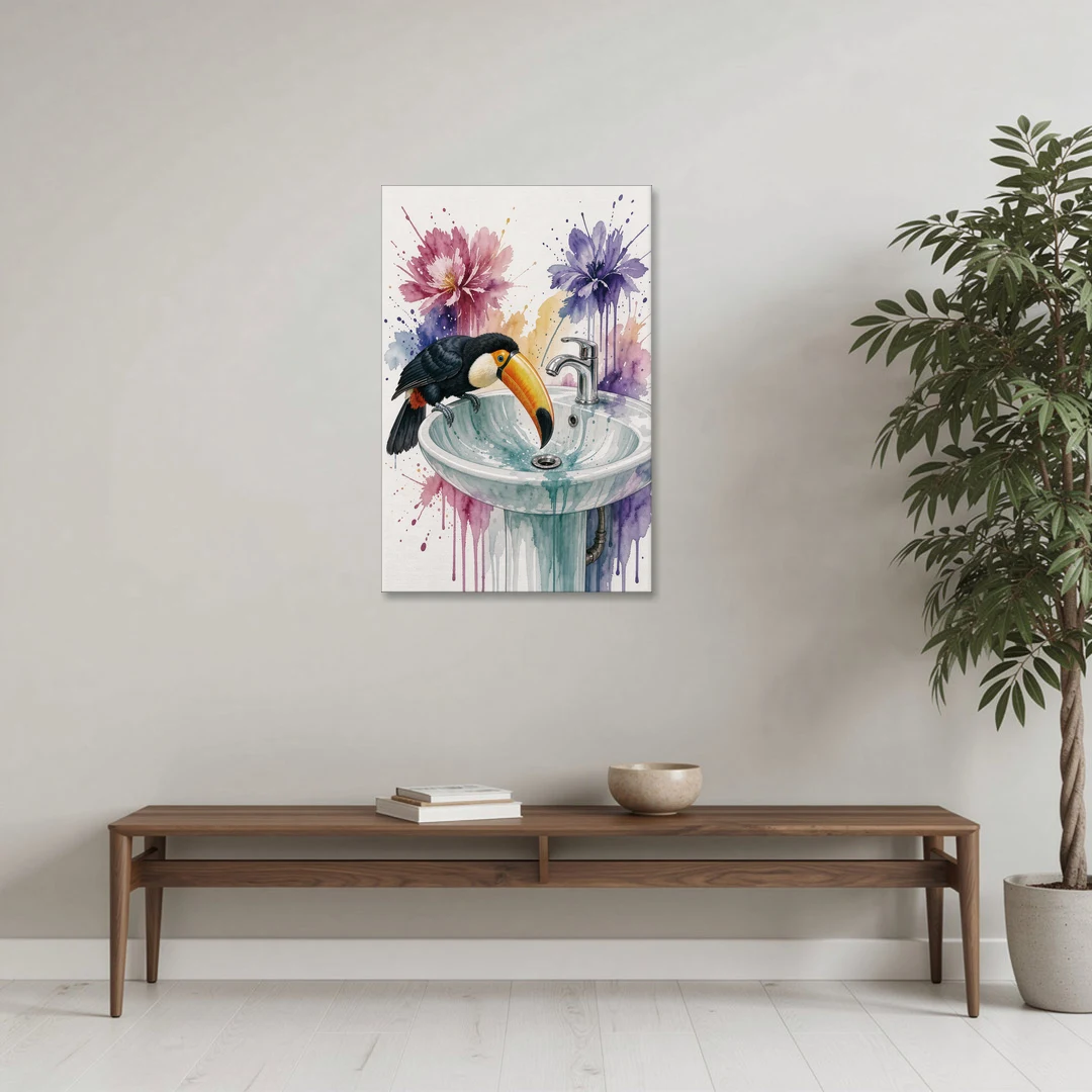 Funny Animal Wall Art Toucan Peers Down the Drain - Canvas Wall Art - Coffee Table - 24x36