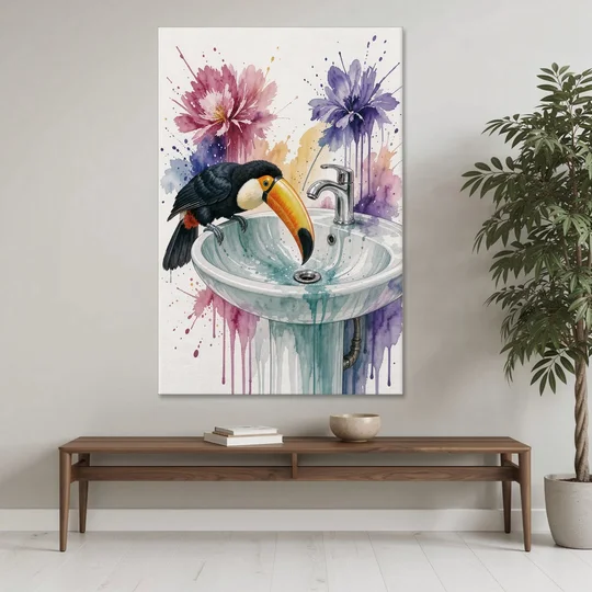 Funny Animal Wall Art Toucan Peers Down the Drain - Canvas Wall Art - Coffee Table - 40x60