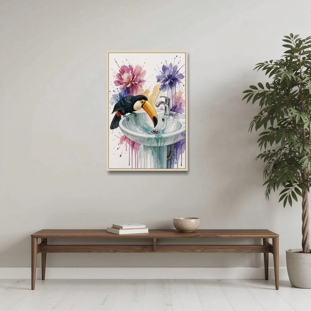Funny Animal Wall Art Toucan Peers Down the Drain - Oak Framed Canvas Wall Art - Coffee Table - 24x36