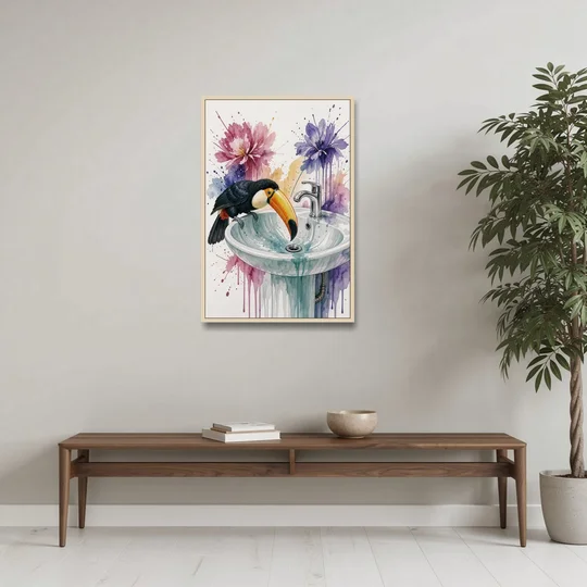 Funny Animal Wall Art Toucan Peers Down the Drain - Oak Framed Canvas Wall Art - Coffee Table - 24x36