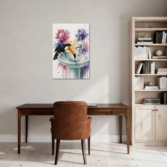 Funny Animal Wall Art Toucan Peers Down the Drain - Canvas Wall Art - Office - 24x36