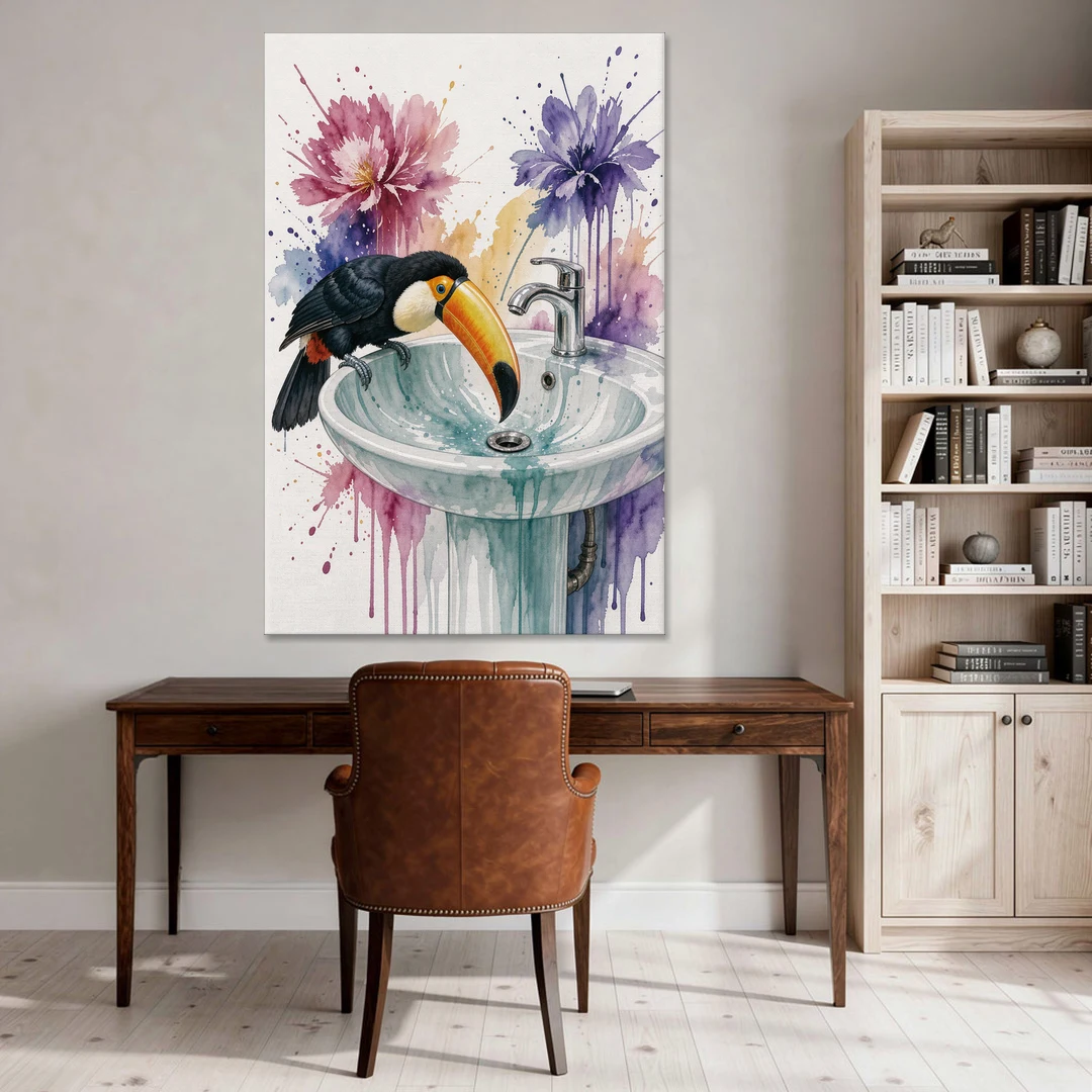Funny Animal Wall Art Toucan Peers Down the Drain - Canvas Wall Art - Office - 40x60