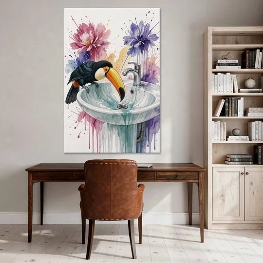 Funny Animal Wall Art Toucan Peers Down the Drain - Canvas Wall Art - Office - 40x60