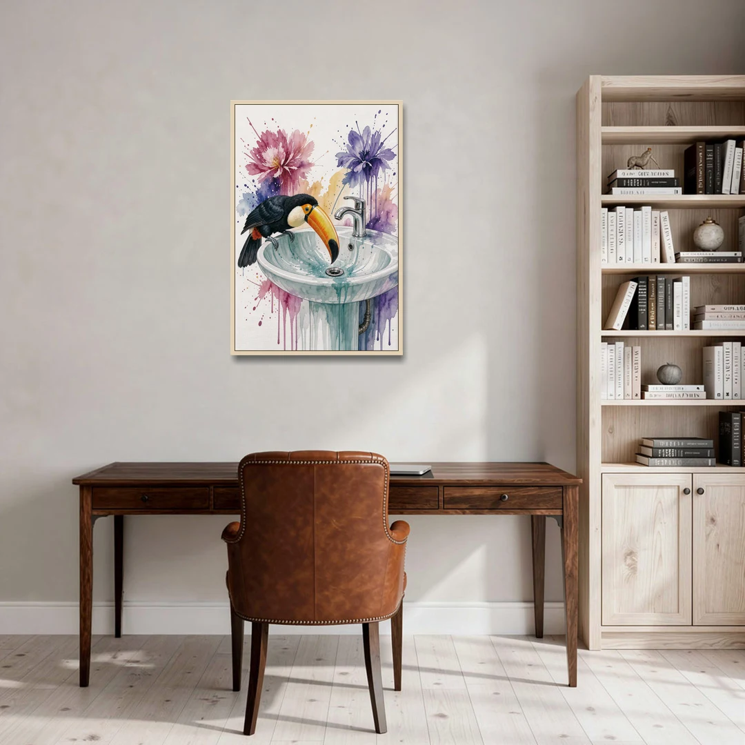 Funny Animal Wall Art Toucan Peers Down the Drain - Oak Framed Canvas Wall Art - Office - 24x36