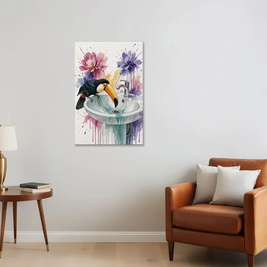 Funny Animal Wall Art Toucan Peers Down the Drain - Canvas Wall Art - Sofa - 24x36