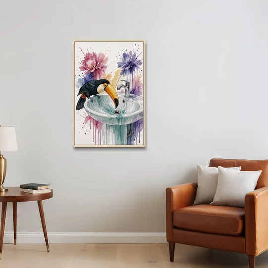 Funny Animal Wall Art Toucan Peers Down the Drain - Oak Framed Canvas Wall Art - Sofa - 24x36