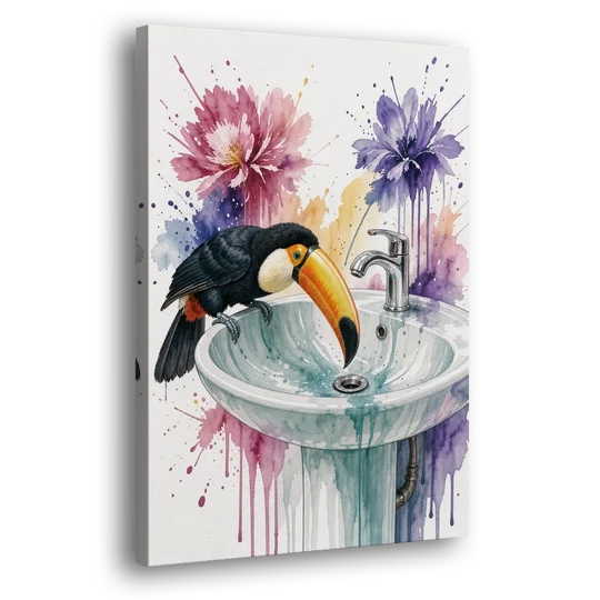 Funny Animal Wall Art Toucan Peers Down the Drain - Canvas Wall Art - Side