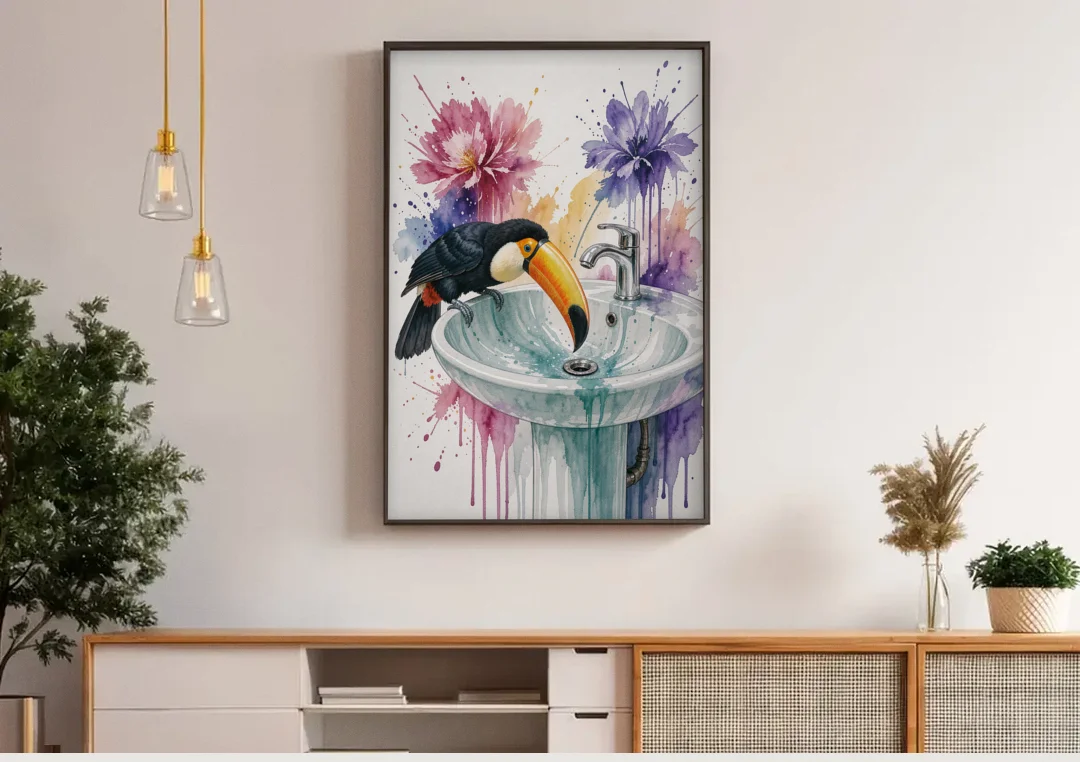 Funny Animal Wall Art Toucan Peers Down the Drain canvas wall art above a wooden sideboard under pendant lights