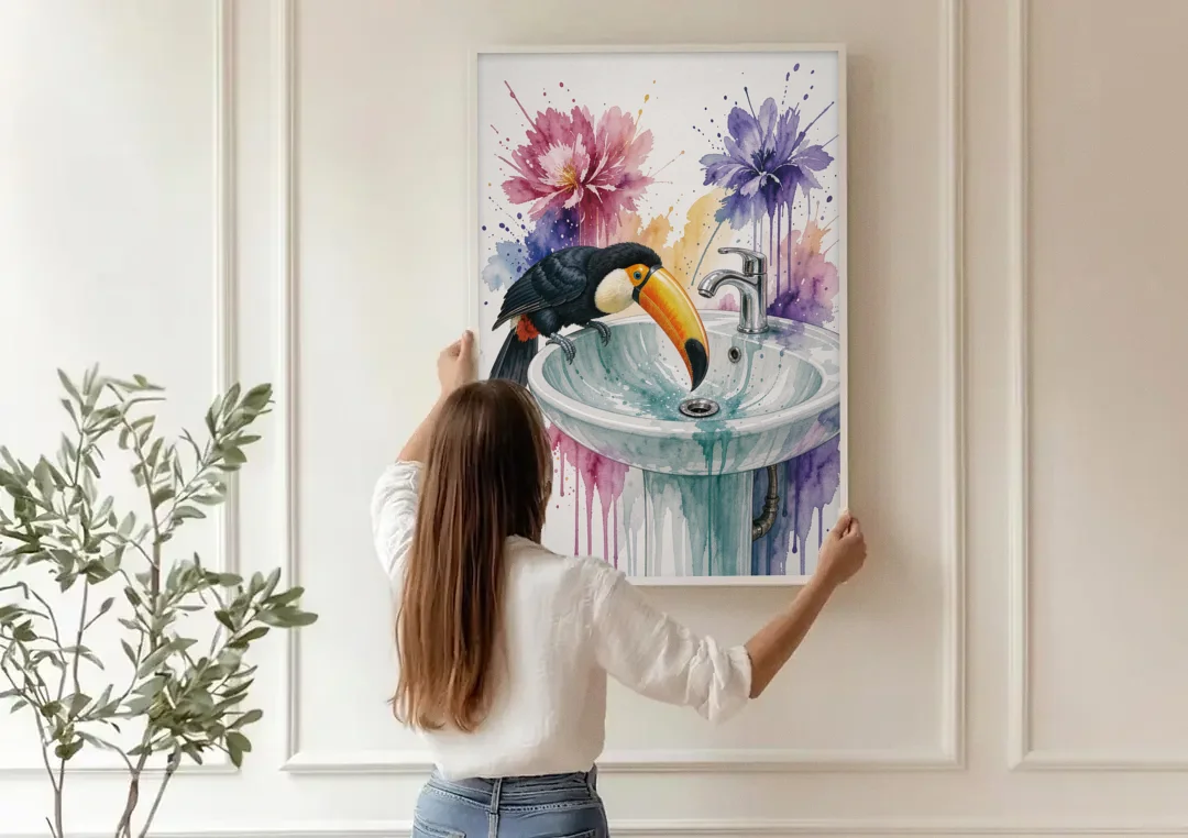 Funny Animal Wall Art Toucan Peers Down the Drain canvas wall art being hung on a paneled wall