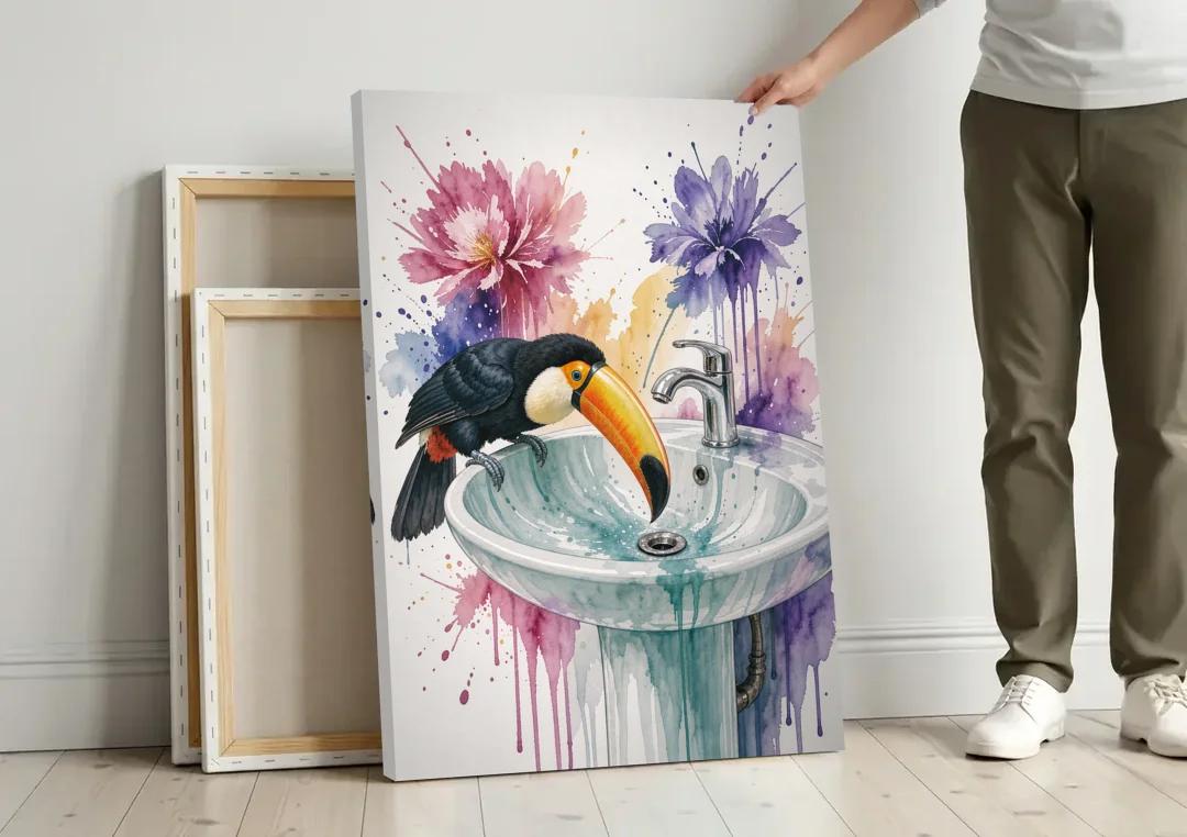 Funny Animal Wall Art Toucan Peers Down the Drain canvas wall art leaning against a wall next to blank canvases
