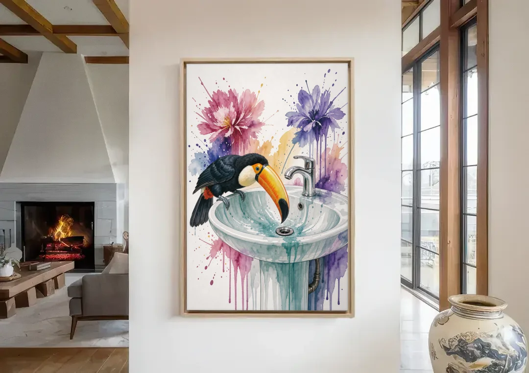 Funny Animal Wall Art Toucan Peers Down the Drain canvas wall art in a living room with a fireplace