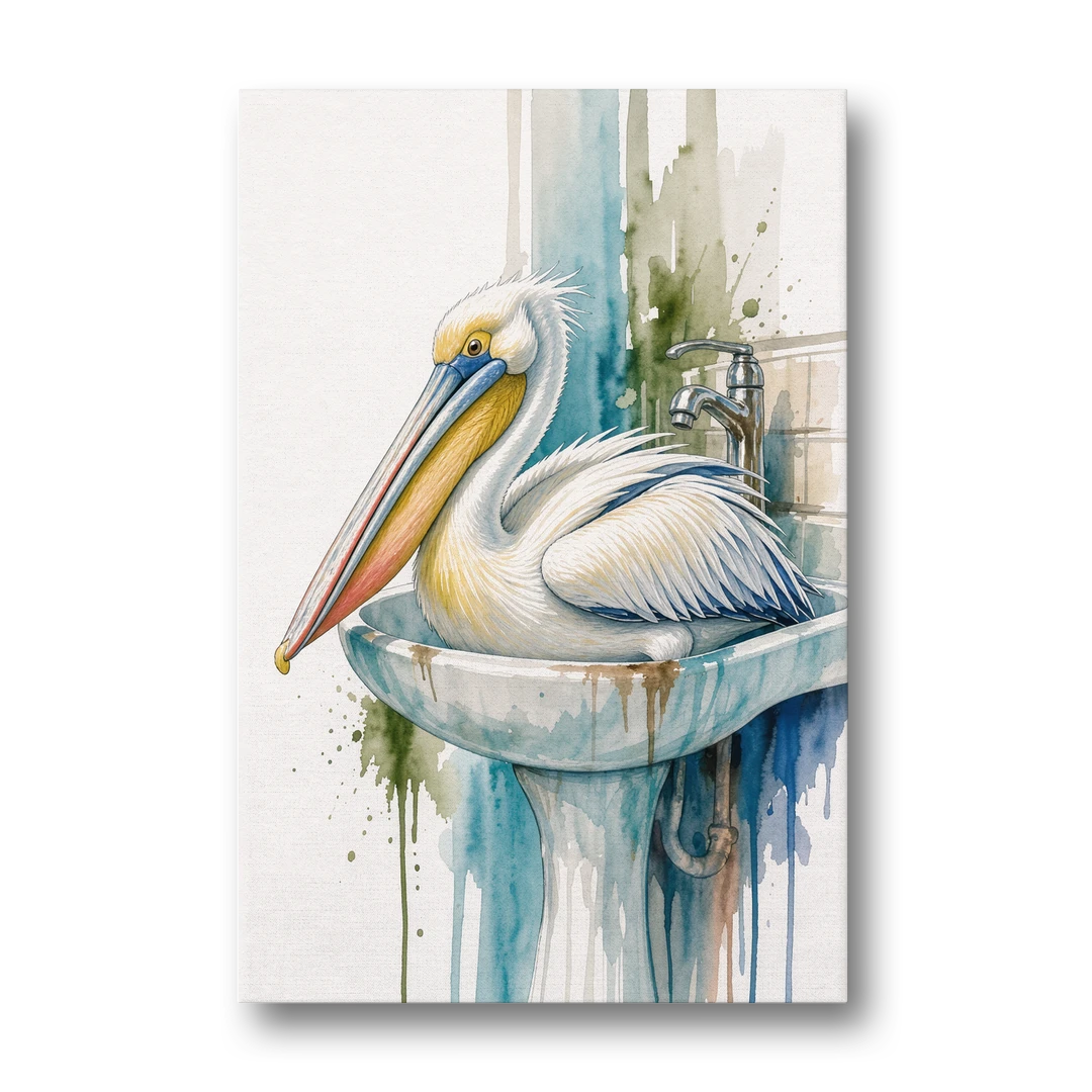 Funny Bathroom Animal Art Pelican Overflows the Sink - Canvas Wall Art - Front
