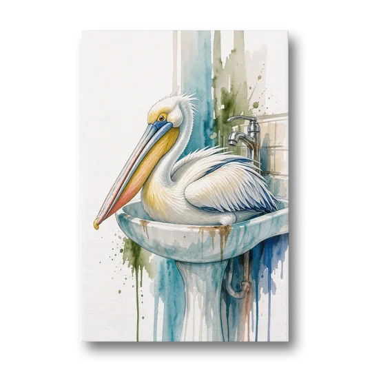 Funny Bathroom Animal Art Pelican Overflows the Sink - Canvas Wall Art - Front