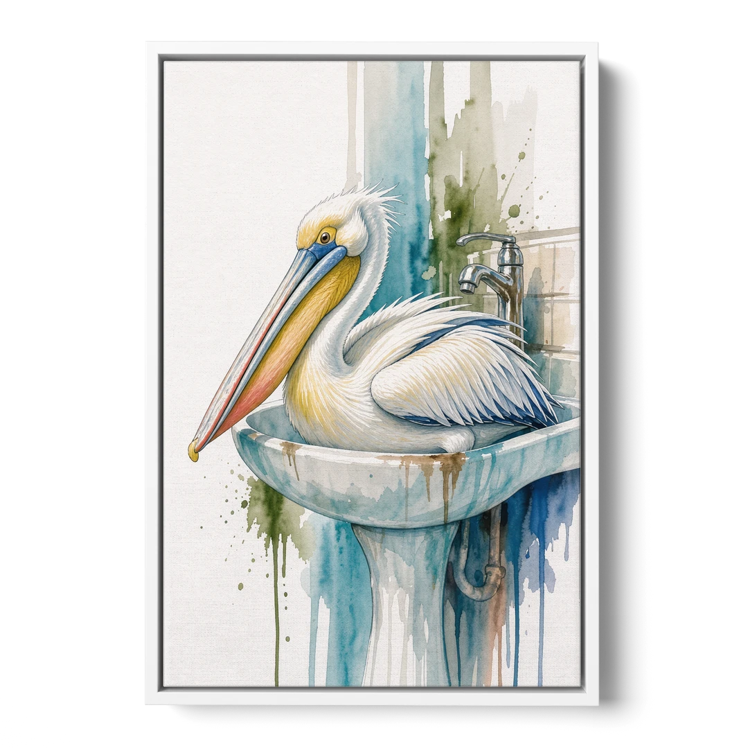 Funny Bathroom Animal Art Pelican Overflows the Sink - White Framed Canvas Wall Art - Front