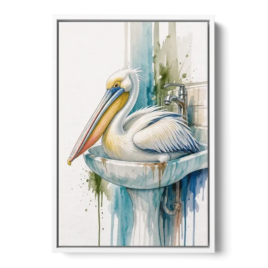 Funny Bathroom Animal Art Pelican Overflows the Sink - White Framed Canvas Wall Art - Front