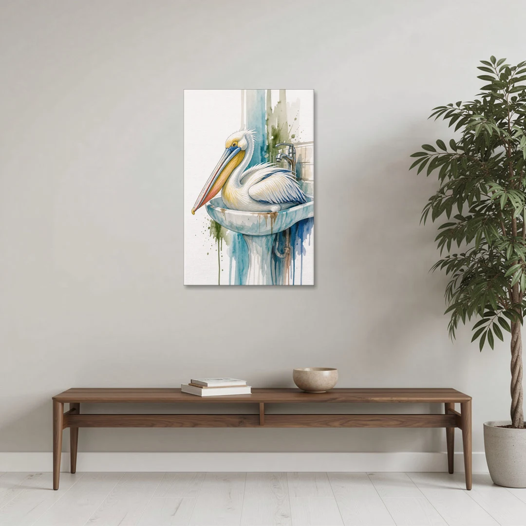 Funny Bathroom Animal Art Pelican Overflows the Sink - Canvas Wall Art - Coffee Table - 24x36