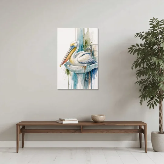 Funny Bathroom Animal Art Pelican Overflows the Sink - Canvas Wall Art - Coffee Table - 24x36