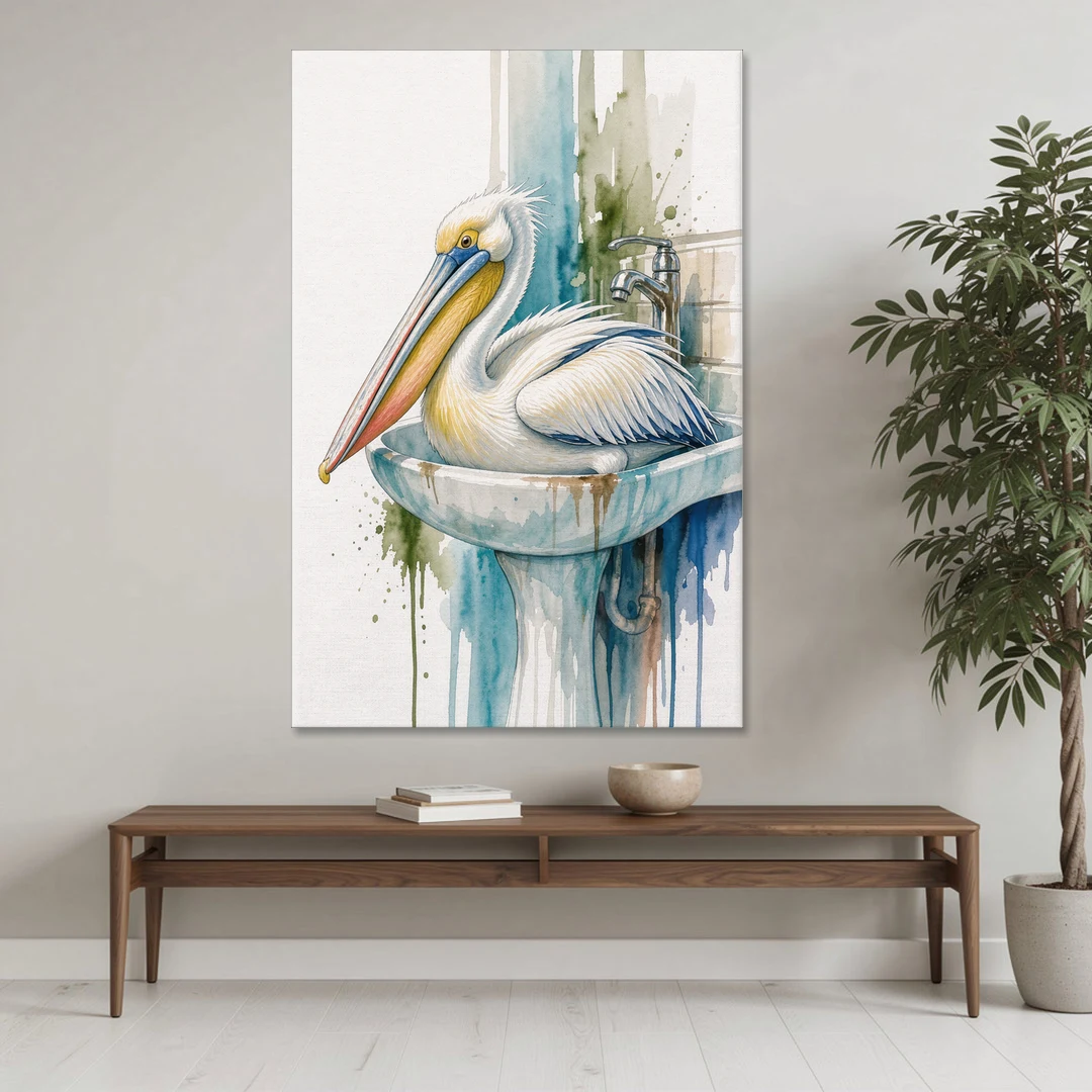 Funny Bathroom Animal Art Pelican Overflows the Sink - Canvas Wall Art - Coffee Table - 40x60