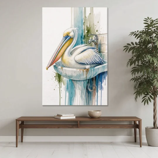 Funny Bathroom Animal Art Pelican Overflows the Sink - Canvas Wall Art - Coffee Table - 40x60