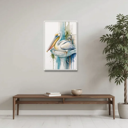 Funny Bathroom Animal Art Pelican Overflows the Sink - White Framed Canvas Wall Art - Coffee Table - 24x36