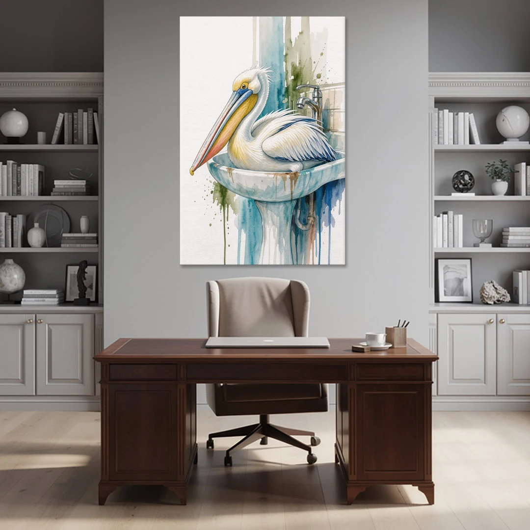 Funny Bathroom Animal Art Pelican Overflows the Sink - Canvas Wall Art - Office - 40x60