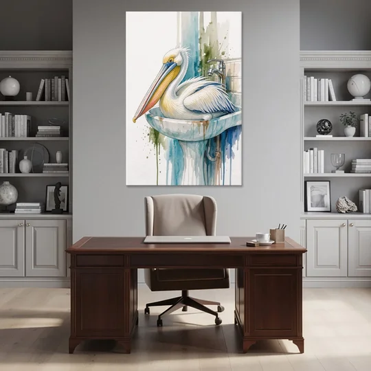 Funny Bathroom Animal Art Pelican Overflows the Sink - Canvas Wall Art - Office - 40x60