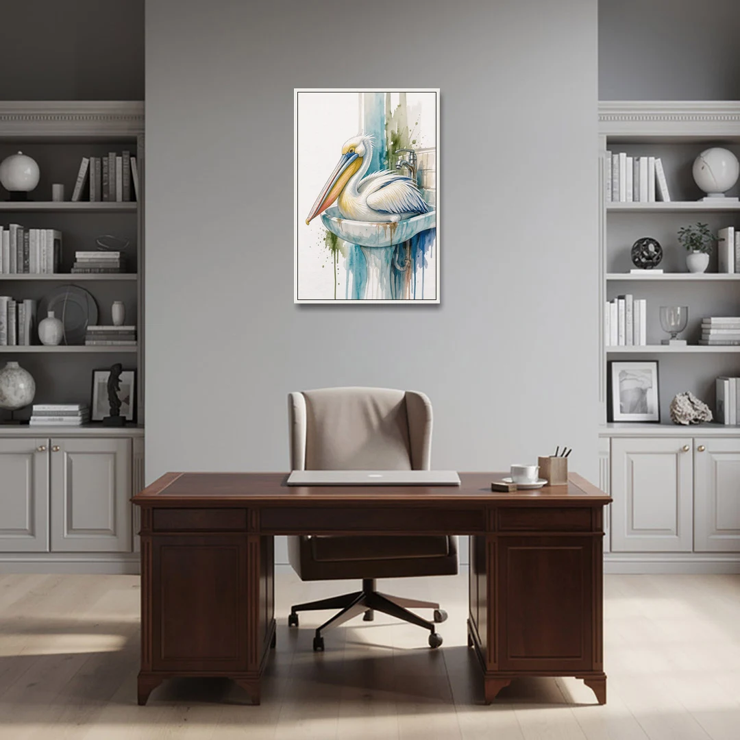 Funny Bathroom Animal Art Pelican Overflows the Sink - White Framed Canvas Wall Art - Office - 24x36