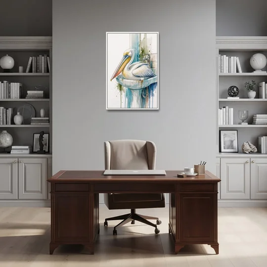 Funny Bathroom Animal Art Pelican Overflows the Sink - White Framed Canvas Wall Art - Office - 24x36