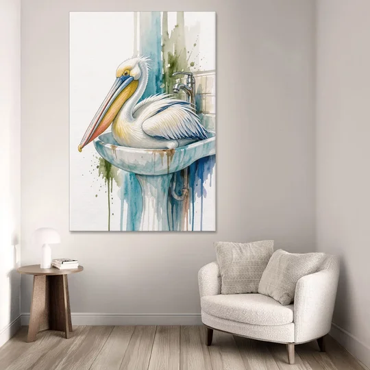 Funny Bathroom Animal Art Pelican Overflows the Sink - Canvas Wall Art - Sofa - 40x60