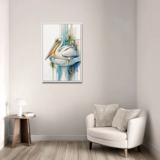 Funny Bathroom Animal Art Pelican Overflows the Sink - White Framed Canvas Wall Art - Sofa - 24x36