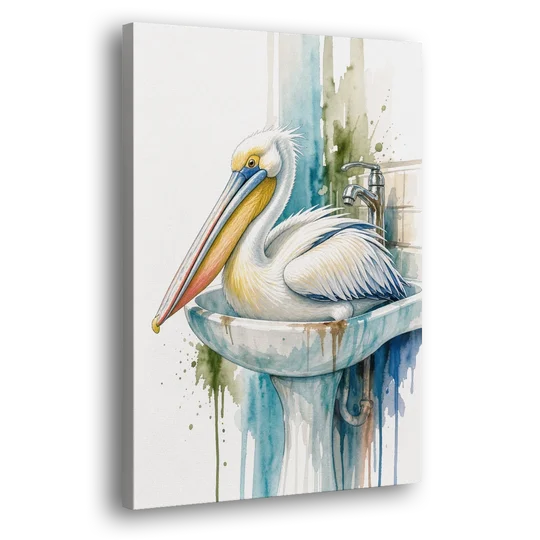 Funny Bathroom Animal Art Pelican Overflows the Sink - Canvas Wall Art - Side