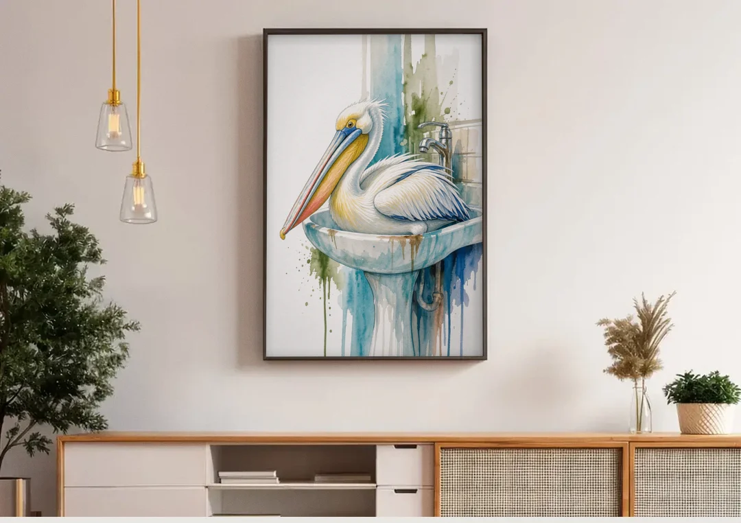 Funny Bathroom Animal Art Pelican Overflows the Sink canvas wall art above a wooden sideboard under pendant lights