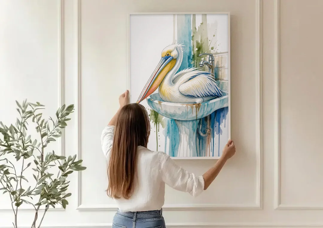 Funny Bathroom Animal Art Pelican Overflows the Sink canvas wall art being hung on a paneled wall