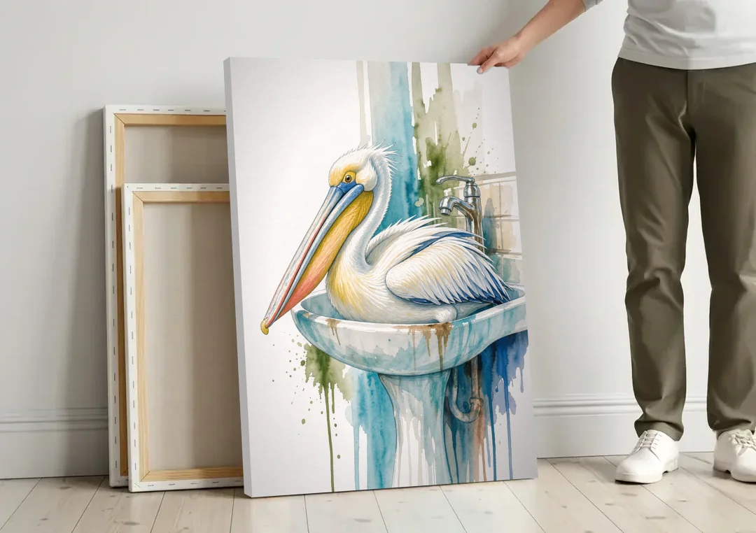 Funny Bathroom Animal Art Pelican Overflows the Sink canvas wall art leaning against a wall next to blank canvases